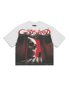 A white short-sleeve t-shirt featuring a large graphic print on the front. The graphic displays the red and black 'Godspeed' band logo above a dark, moody illustration of a skull in a doorway with a silhouetted figure and a checkered floor.