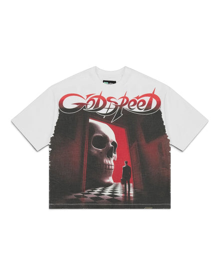 A white short-sleeve t-shirt featuring a large graphic print on the front. The graphic displays the red and black 'Godspeed' band logo above a dark, moody illustration of a skull in a doorway with a silhouetted figure and a checkered floor.