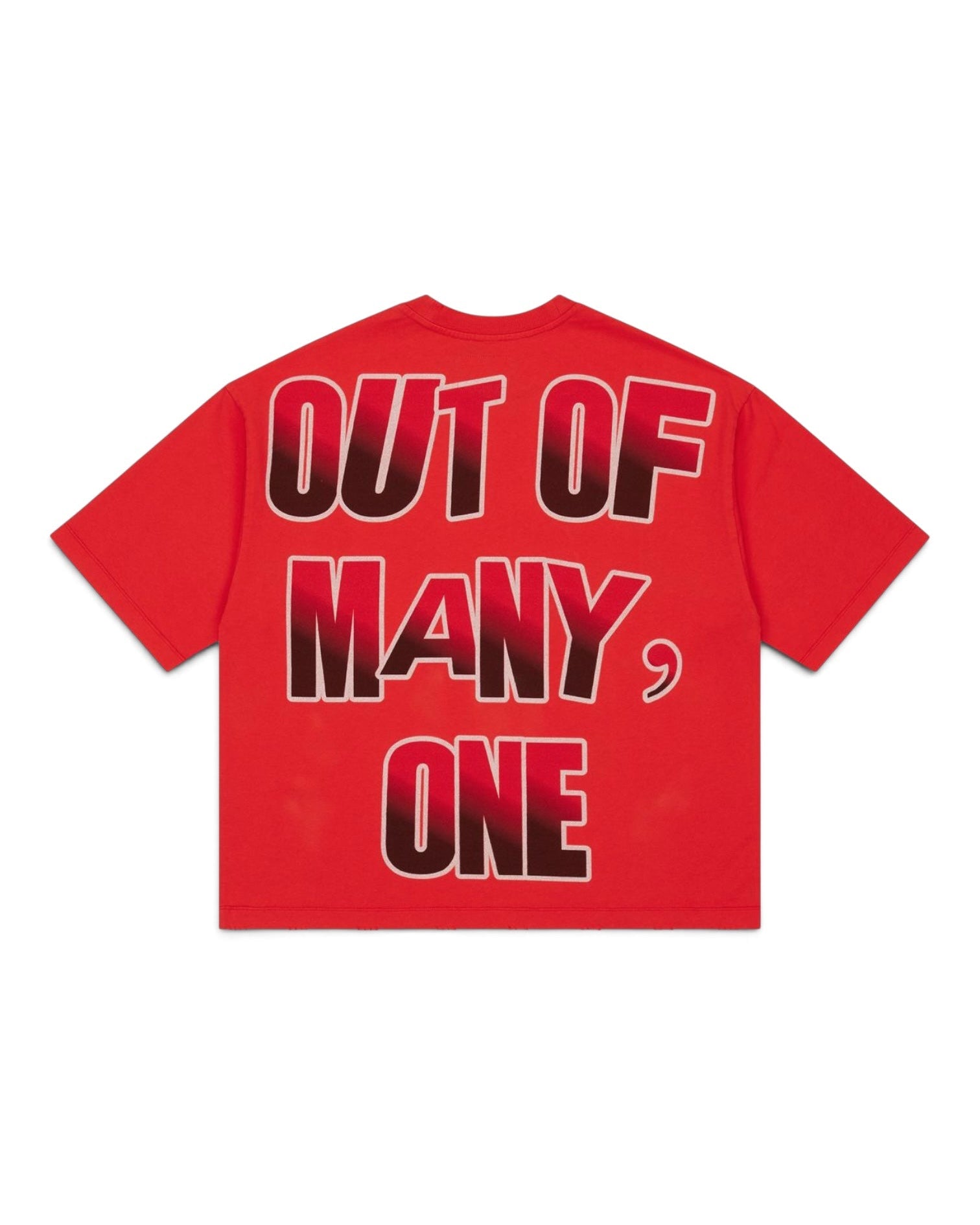 A red short-sleeve t-shirt shown from the back, featuring the text 'OUT OF MANY, ONE' in a bold black-to-red gradient font with a white outline.