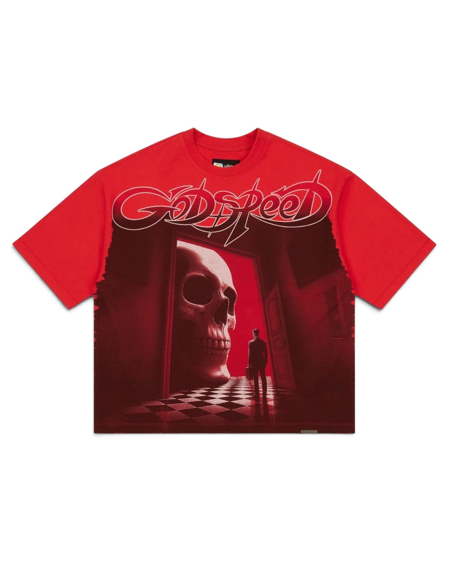 A red short-sleeve t-shirt featuring a large graphic print on the front. The graphic displays the 'Godspeed' band logo in stylized white script above a dark red scene of a skull in a doorway with a silhouetted figure standing in front of it.