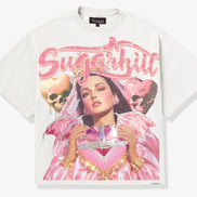 T-shirt with a graphic design featuring a woman, skull, and heart, with 'Sugarmill' text.