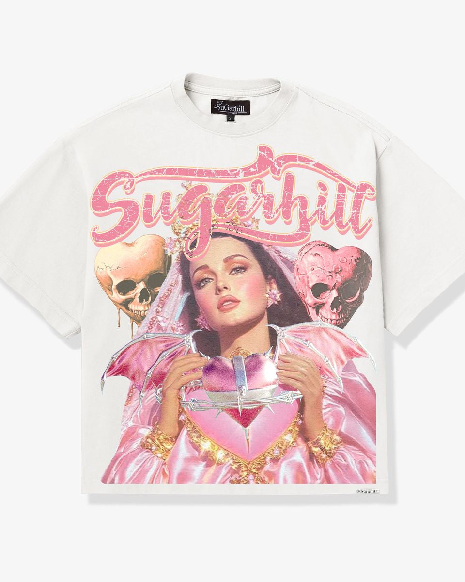 T-shirt with a graphic design featuring a woman, skull, and heart, with 'Sugarmill' text.