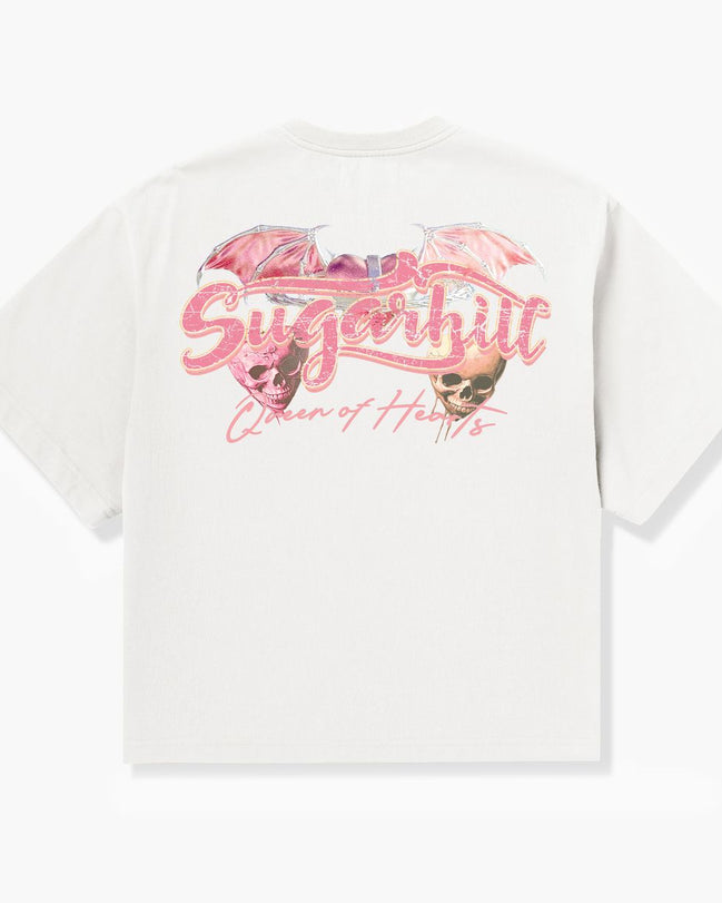 White t-shirt with 'Sugarhill Queen of Hearts' design on a white background