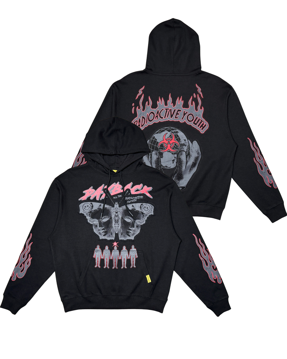 Black hoodie with graphic designs on front and back, displayed from front and back views.