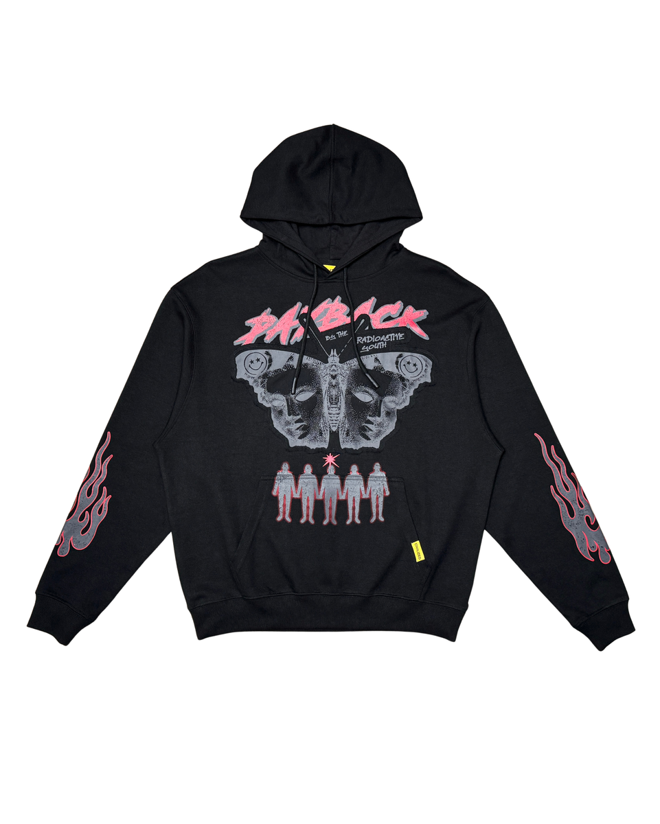 Black hoodie with graphic design on a white background