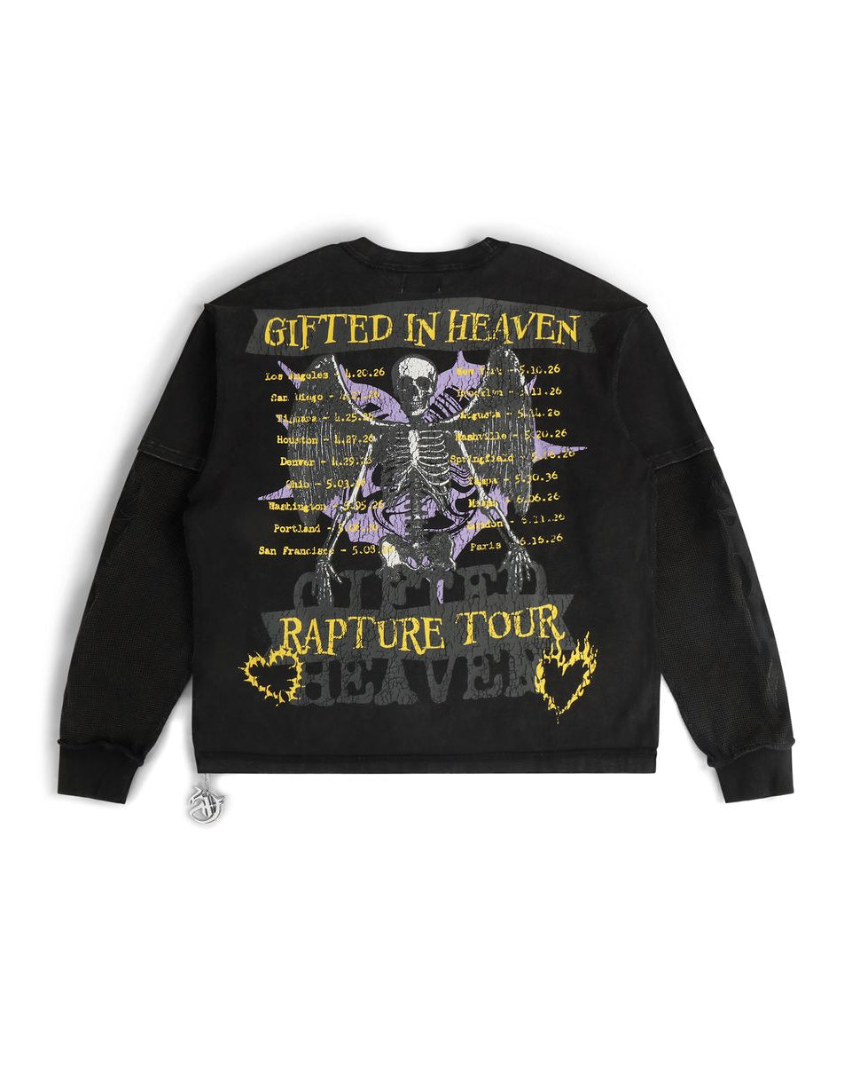 Black sweatshirt with skeleton design and text on a white background