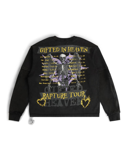 Black sweatshirt with skeleton design and text on a white background