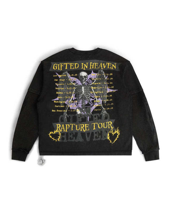 Black sweatshirt with skeleton design and text on a white background