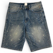 Distressed denim shorts on a white background