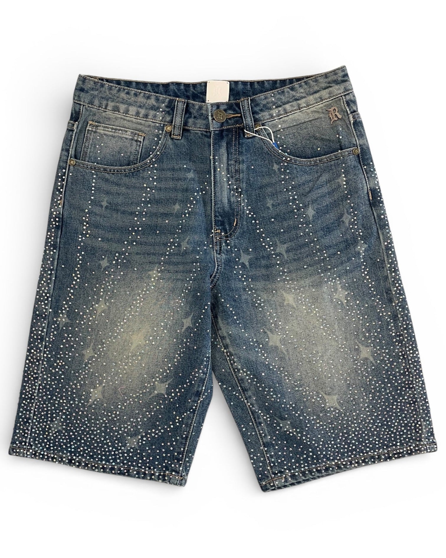 Distressed denim shorts on a white background
