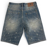 Blue denim shorts with star patterns on a white background