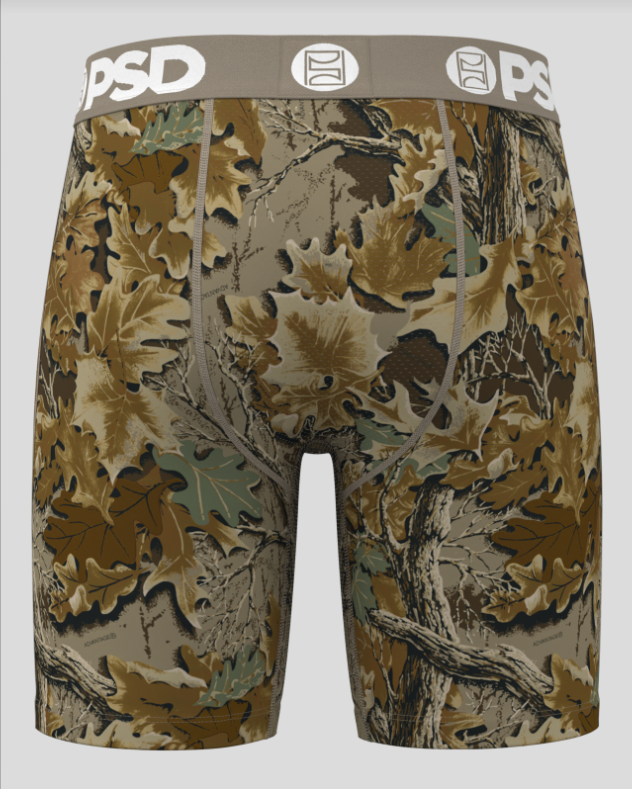 Camouflage-patterned underwear with 'PSD' branding on a white background
