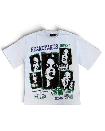 A white short-sleeve graphic t-shirt featuring the band Reamofarts Guest Smoking Kills and Urban Noise, with a collage of black-and-white faces and green accents.