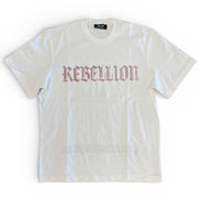 White t-shirt with 'REBELLION' RHIENSTONE text on a white background