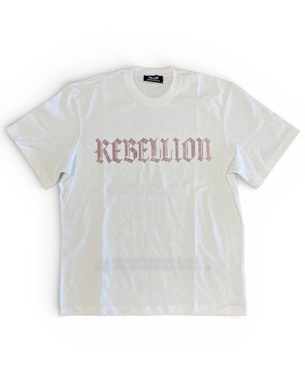 White t-shirt with 'REBELLION' RHIENSTONE text on a white background