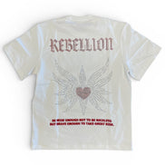 White t-shirt with 'REBELLION' text and heart design on a white background