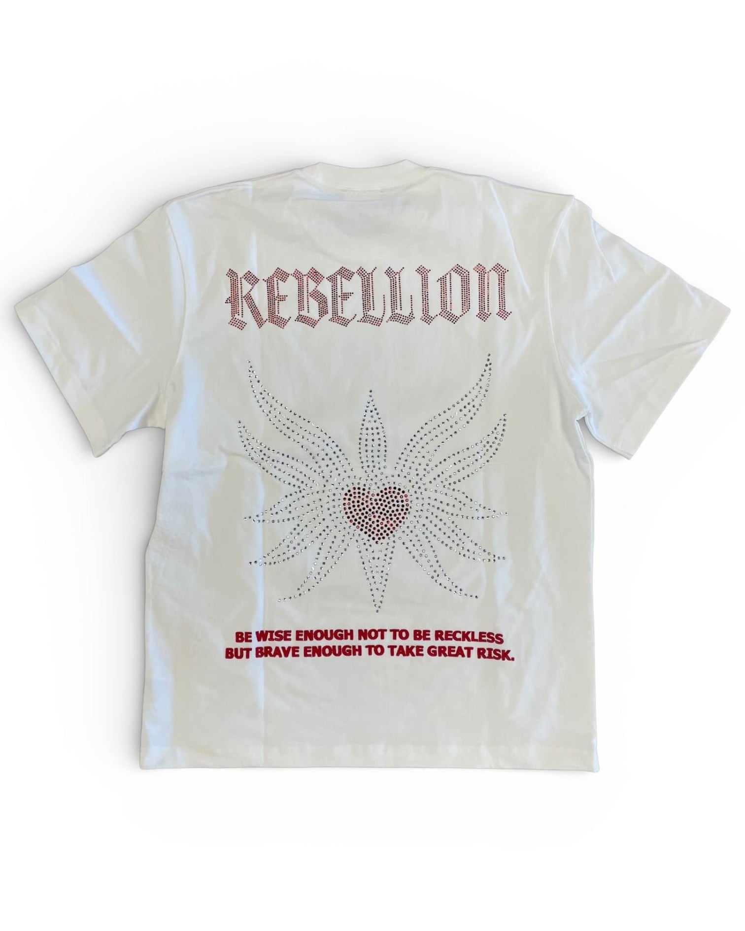 White t-shirt with 'REBELLION' text and heart design on a white background