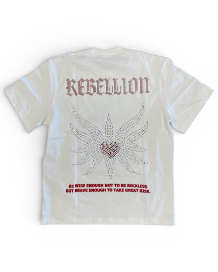 White t-shirt with 'REBELLION' text and heart design on a white background