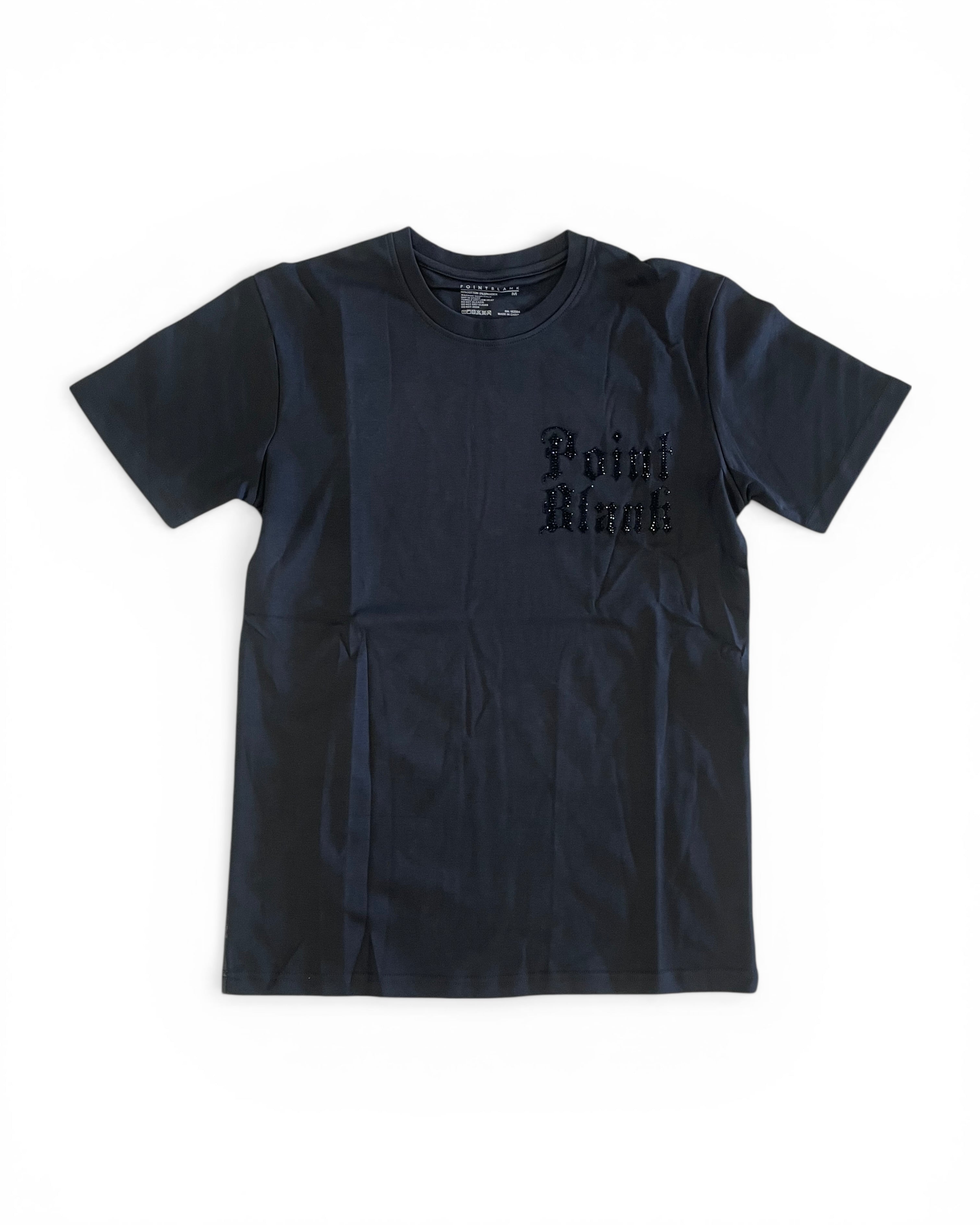 Black t-shirt with 'Point Blank' logo on a white background