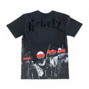 Black t-shirt with graphic design and 'Rebelz' text on a white background