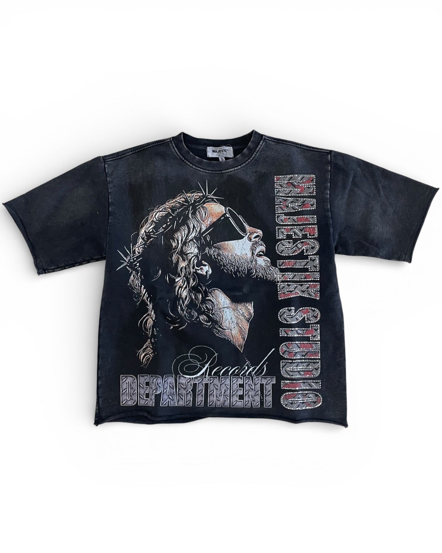 Black t-shirt with graphic design and text on a white background