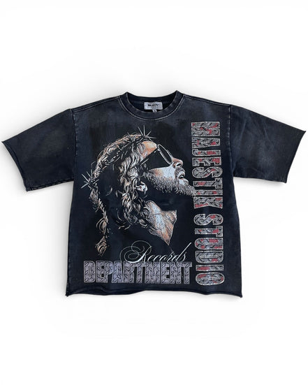 Black t-shirt with graphic design and text on a white background