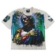 T-shirt with a graphic design of a stylized figure with sunglasses and a colorful background on a white background.