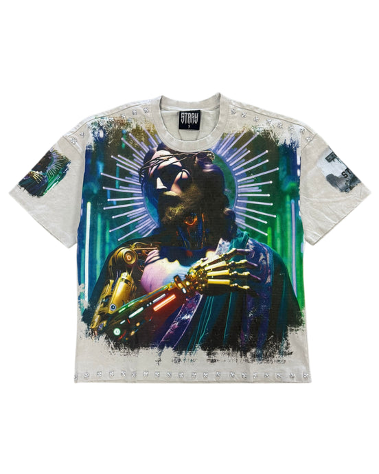 T-shirt with a graphic design of a stylized figure with sunglasses and a colorful background on a white background.