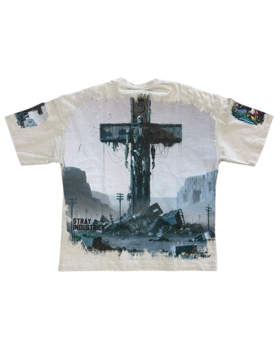 T-shirt with a graphic design of a cross and landscape on a white background