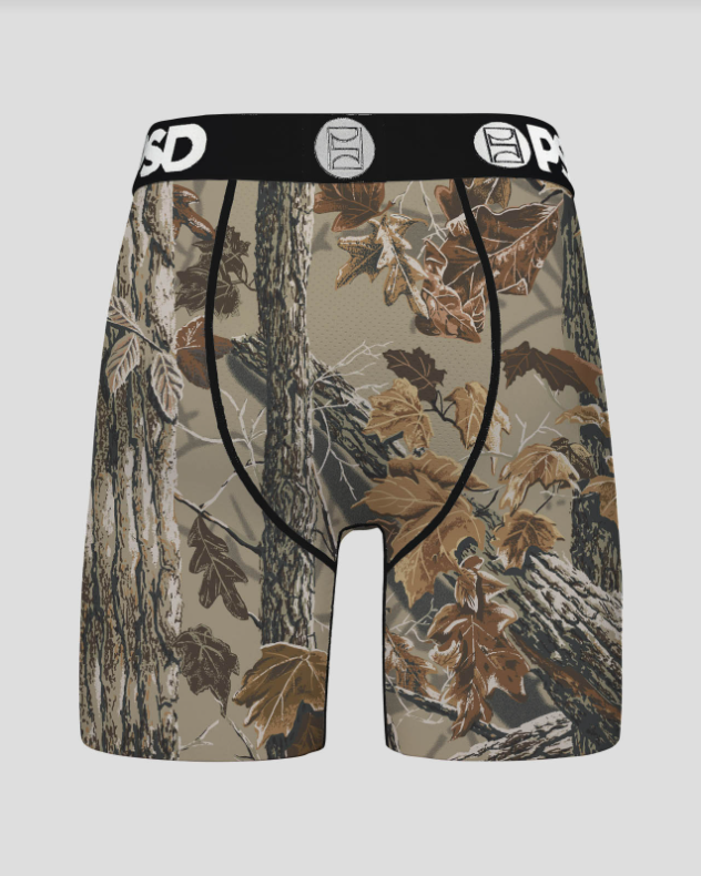 Camouflage-patterned boxer briefs with a black waistband on a light gray background