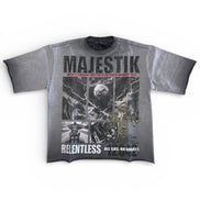 Gray t-shirt with graphic design and text on a white background