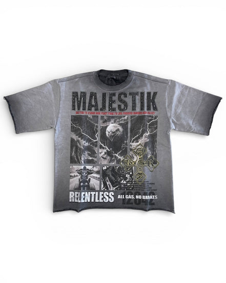 Gray t-shirt with graphic design and text on a white background