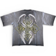 Gray t-shirt with a gold cross and wings design on a white background