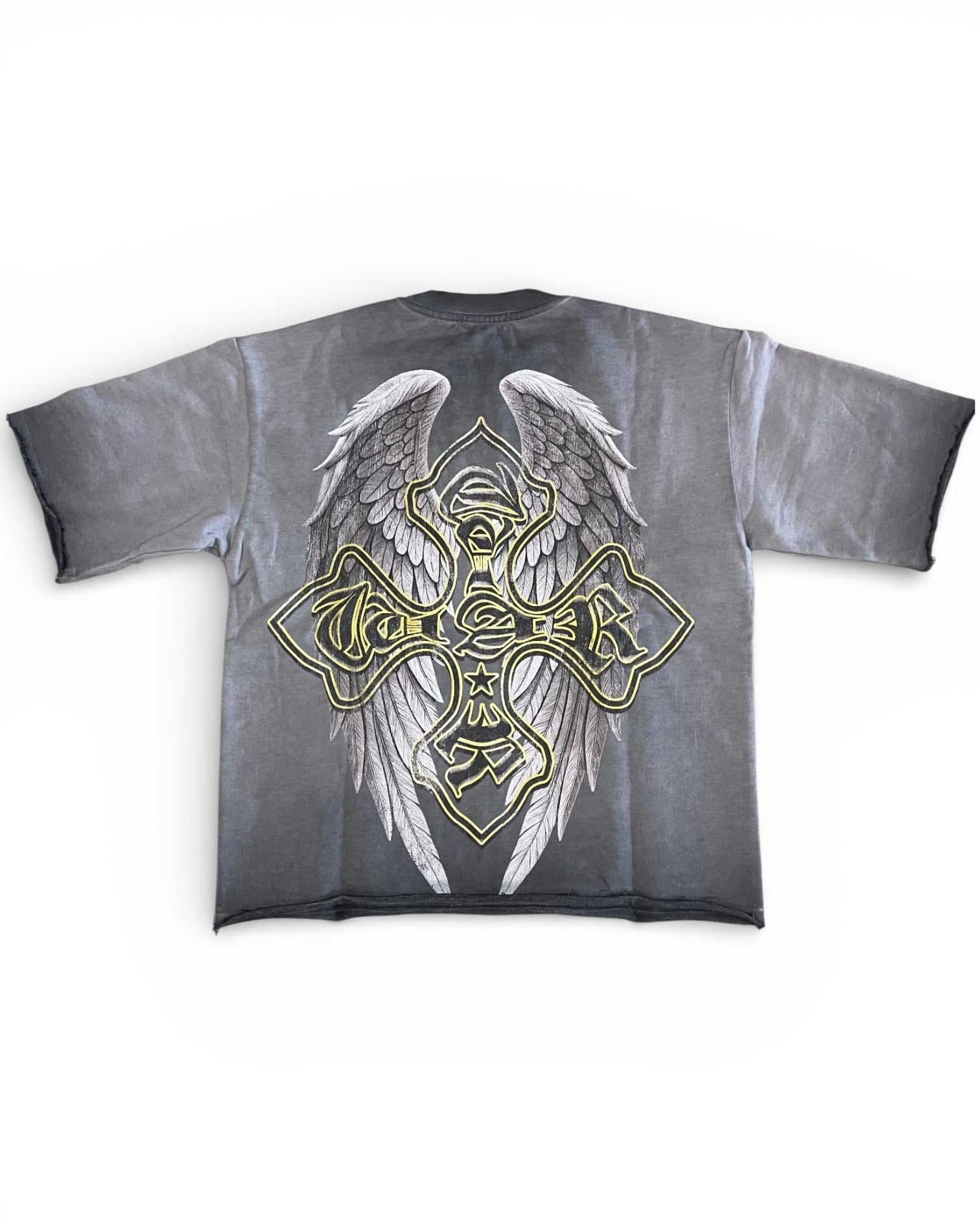 Gray t-shirt with a gold cross and wings design on a white background