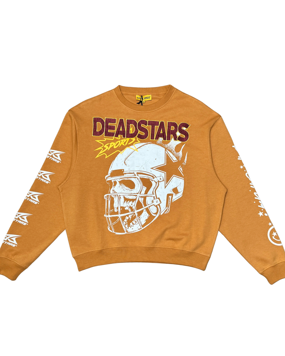 Orange sweatshirt with helmet graphic and 'DEADSTARS' text on a white background