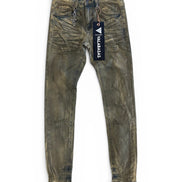Distressed green jeans with a brand tag on a white background