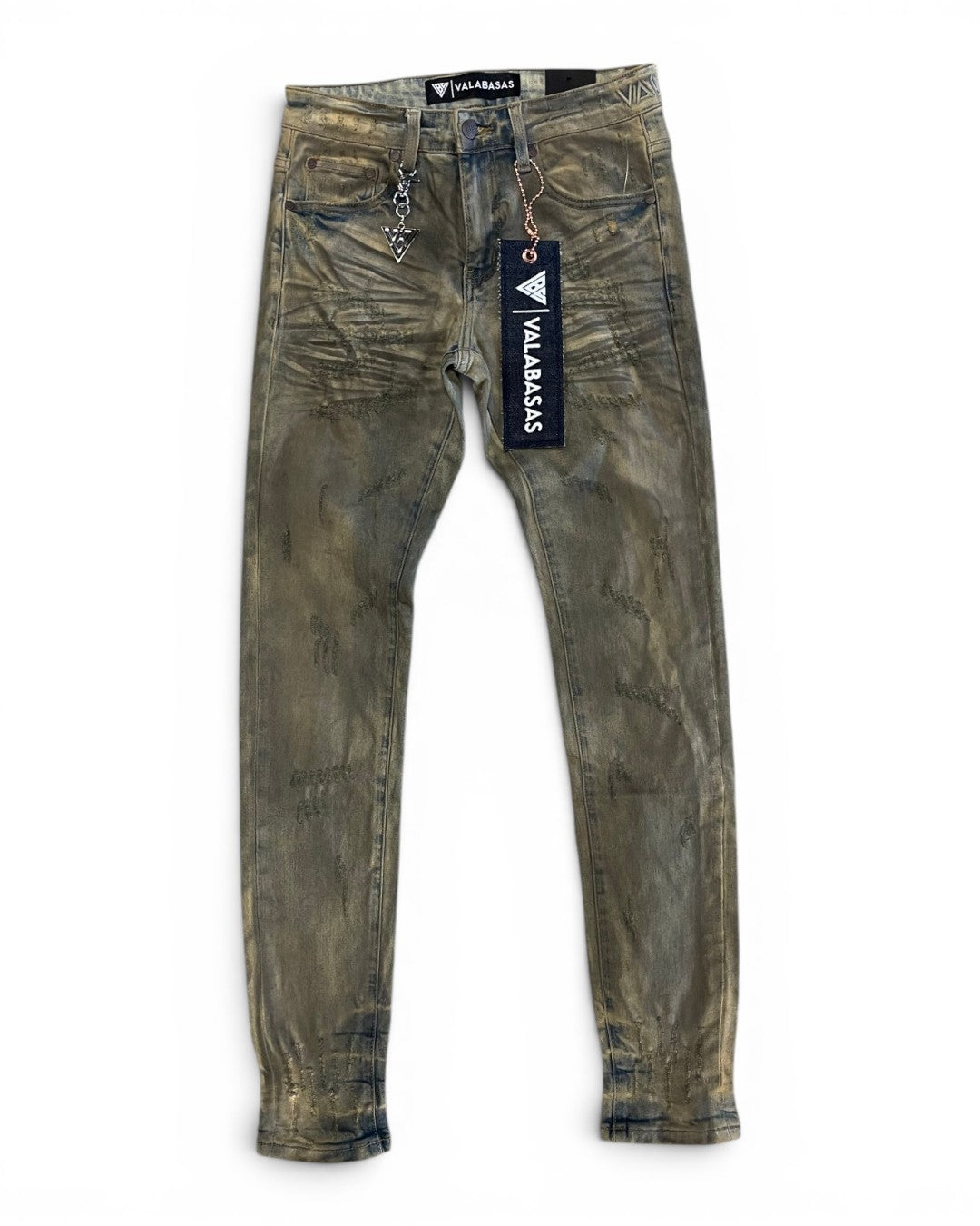 Distressed green jeans with a brand tag on a white background