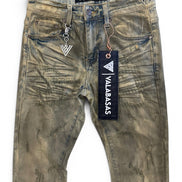 Worn jeans with visible branding on a white background