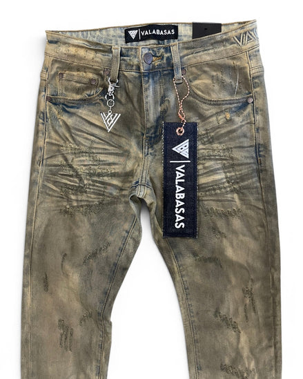 Worn jeans with visible branding on a white background