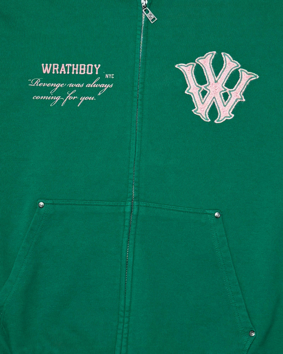 Green hoodie with ' Wrathboy' text and logo on a green background