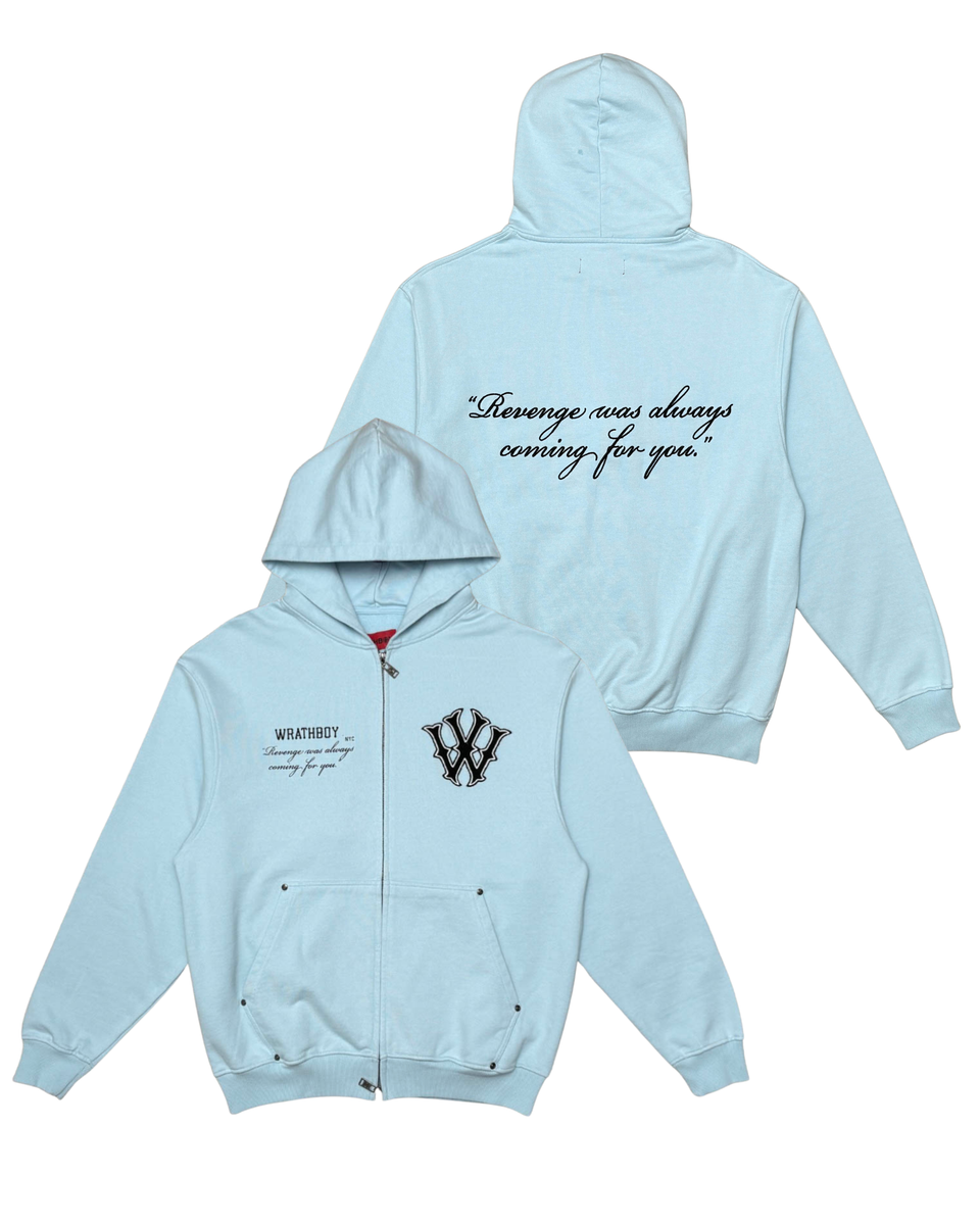 Light blue hoodie with text and logo on a white background