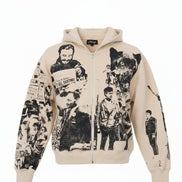 Beige hoodie with black printed graphics on a white background