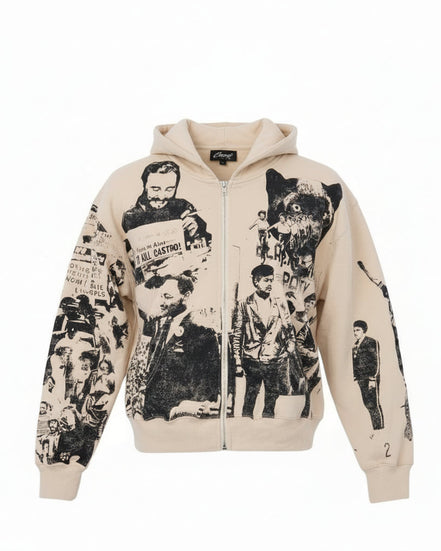 Beige hoodie with black printed graphics on a white background