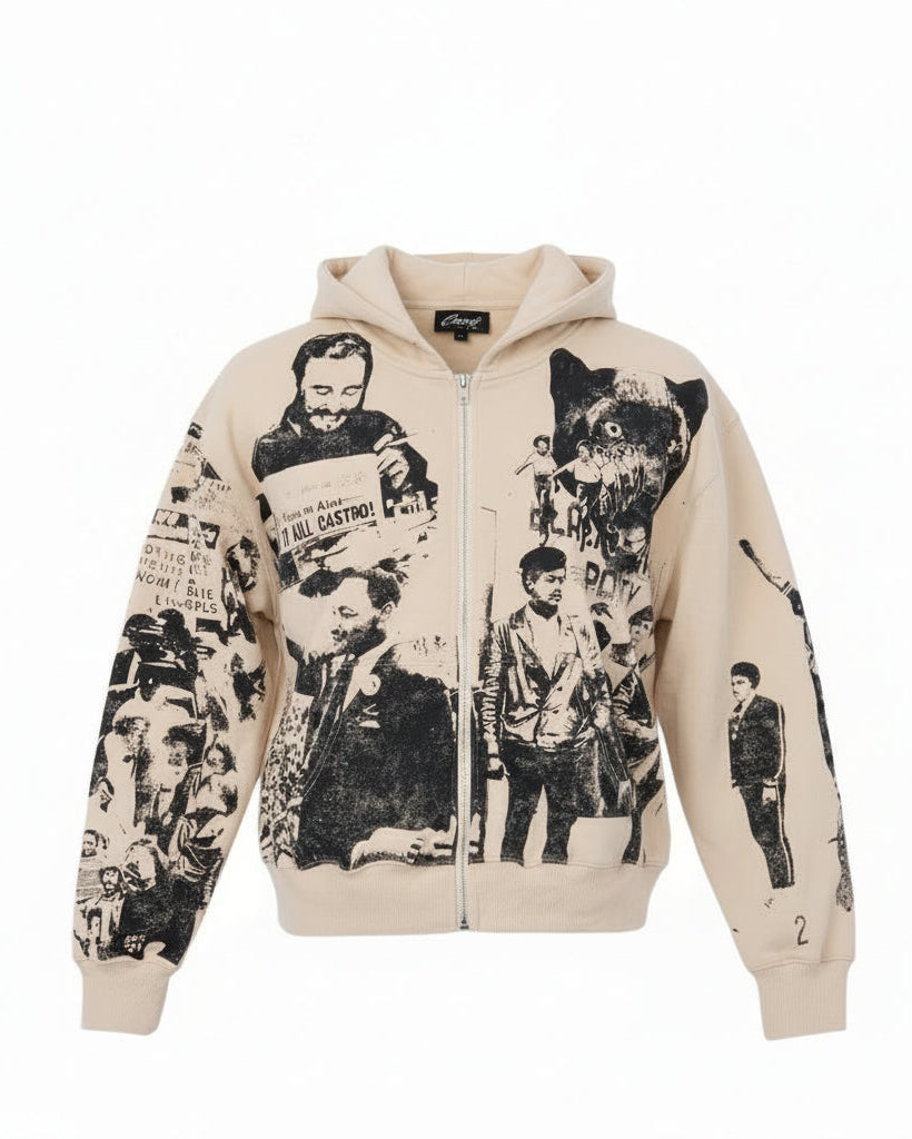 Beige hoodie with black printed graphics on a white background