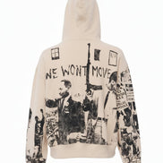 Beige hoodie with black graphic design and text on a white background