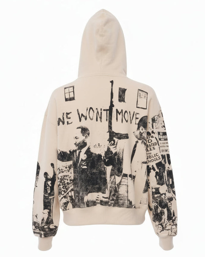 Beige hoodie with black graphic design and text on a white background