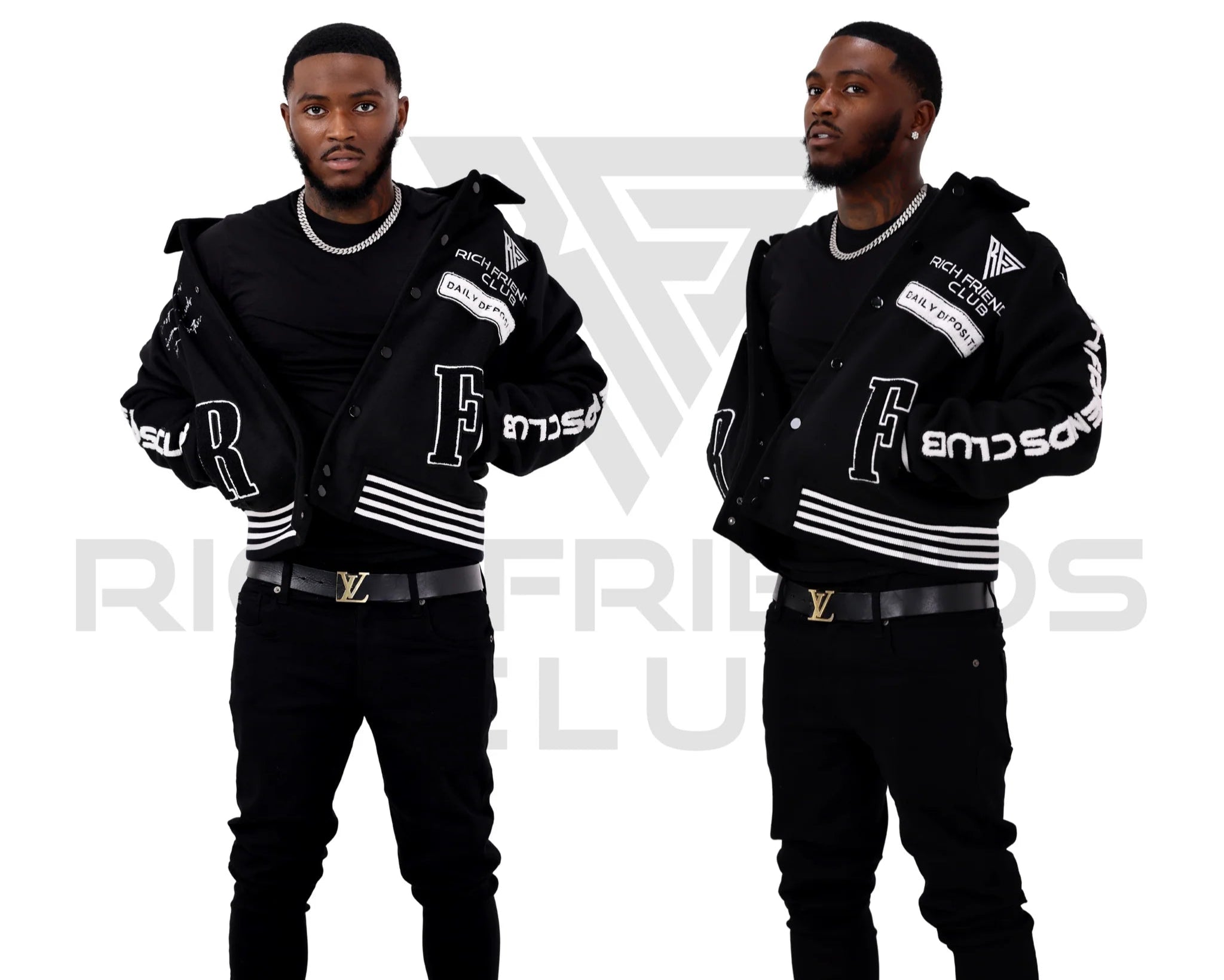 Two men wearing black letterman jackets with visible branding on a white background.