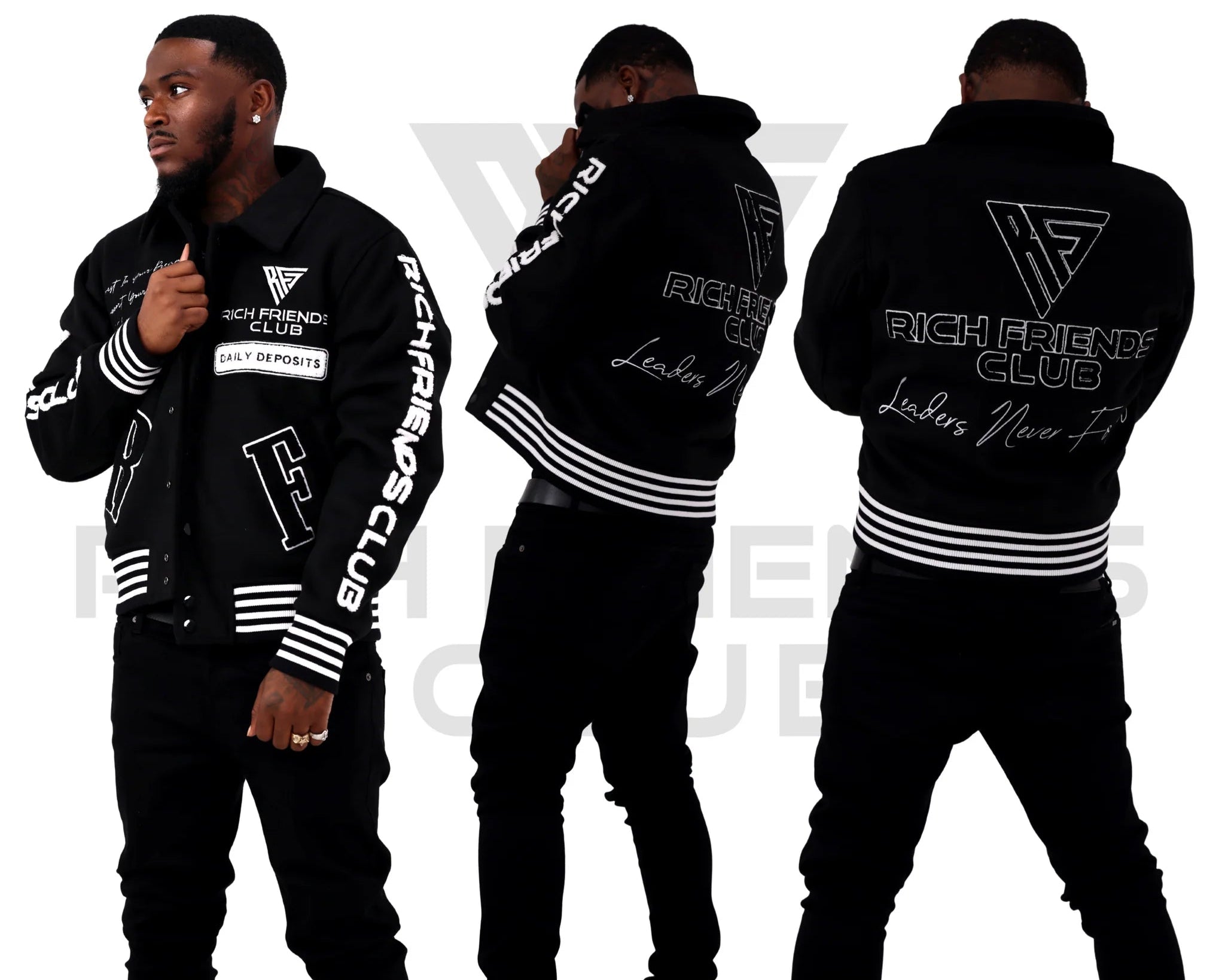 Black hoodie with 'Rich Friends Club' branding worn by a person on a white background