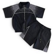 Black jacket and shorts set with star pattern on a white background