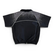 Black shirt with star pattern on sleeves against a white background